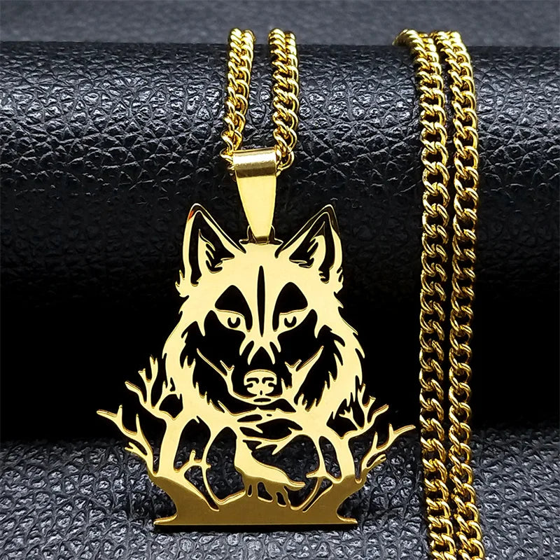 Goth Full Moon Wolf Head Pendant Necklace Women Men Black Color Forest Tree Hollow Animal Necklaces Jewelry Party Gifts
