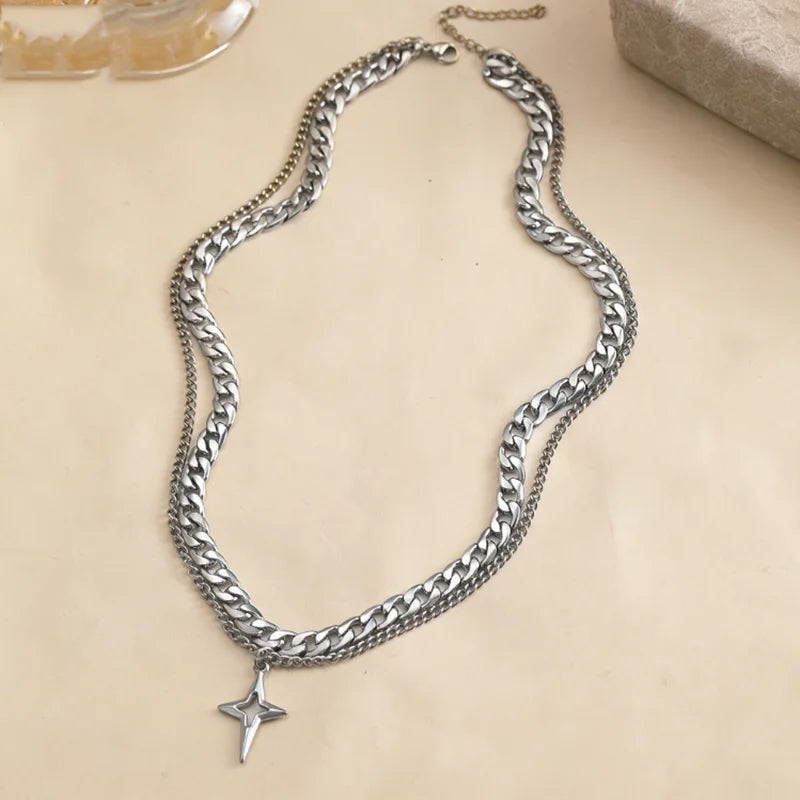 Personalized Punk Cross Star Chain Double Layer Necklace For Men Women Y2K Fashion Trend Rock Party Grunge EMO