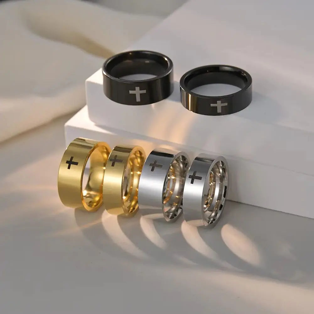 Unisex Retro Punk Style Jesus Cross Ring 6/8MM Black Silver Fashion Religious Prayer Jewelry for Men And Women Halloween Gift