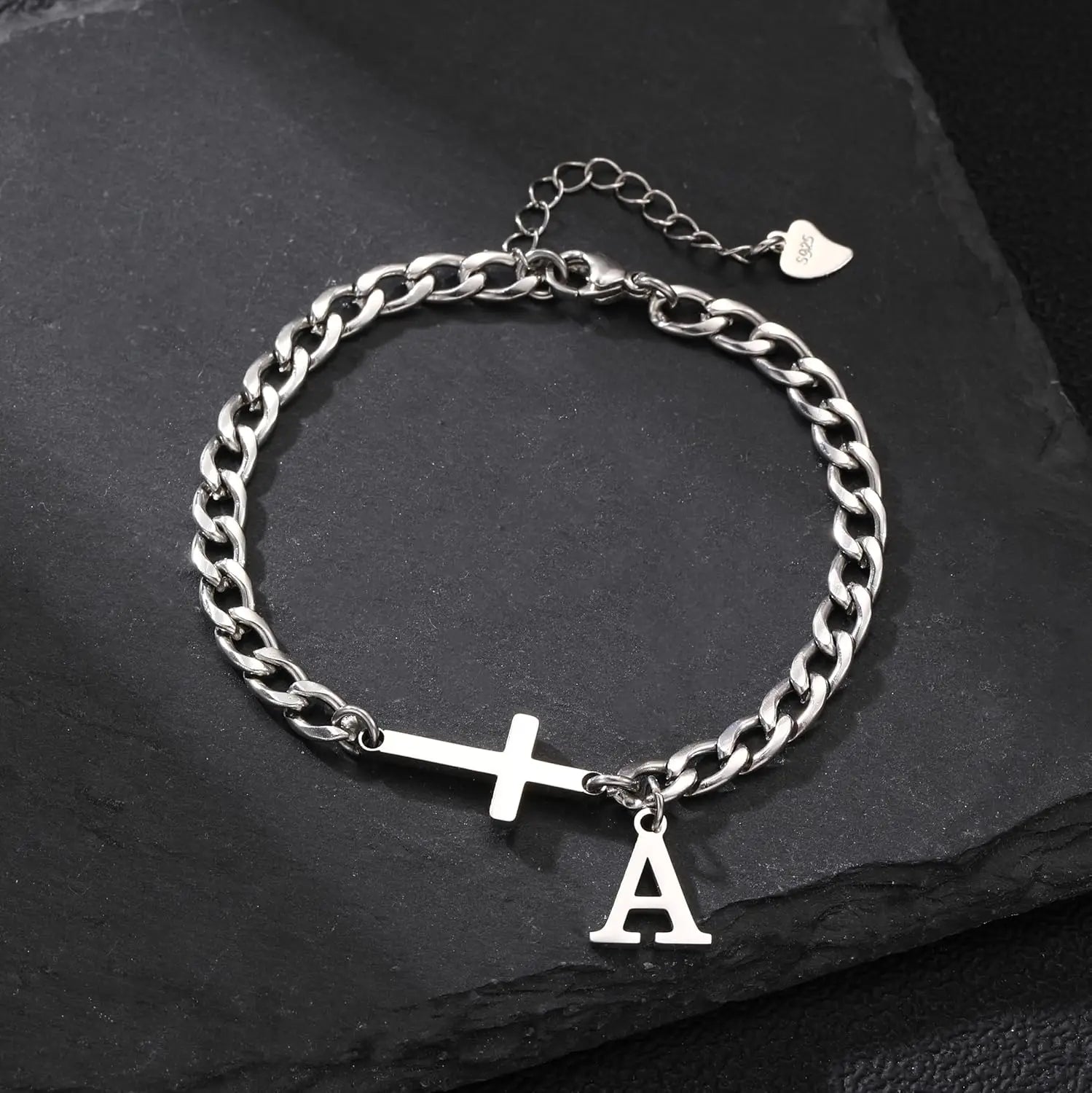 Men Cross Cuban Chain Bracelets for Men Initial A-Z Faith Cross Bracelets, Stainless Steel Initial Bracelet Religious