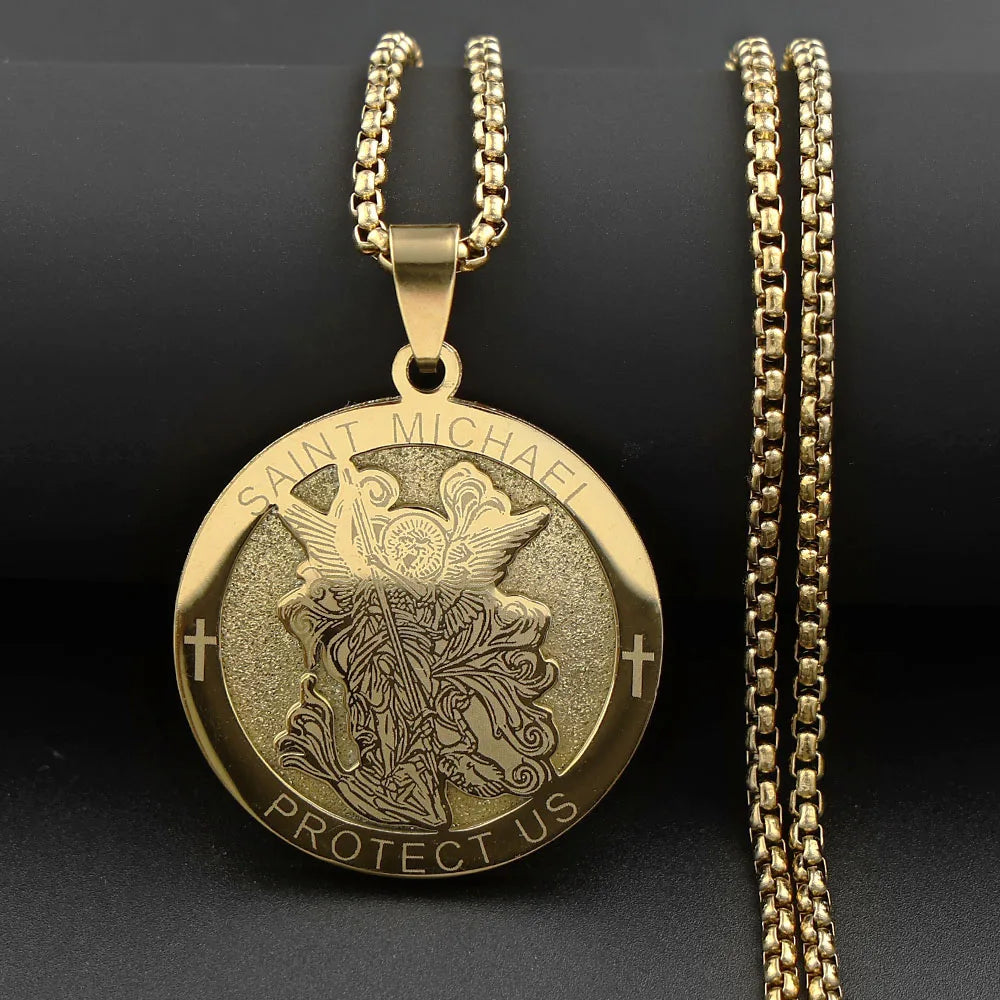 Archangel St.Michael Protect Us Cross Medal Pendant Necklace Stainless Steel Christian Saint Michael Chain Amulet Jewelry Gift