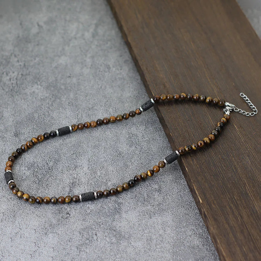 Classic 6mm Natural Stone Beaded Necklace Men 20 Inches Howlite Tiger Eyes Beads Short Collar Jewelry Office Leisure Joias Gift