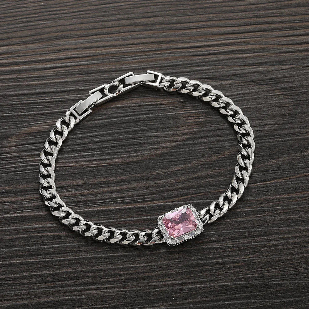 Iced Out Cuban Bracelet Stainless Steel Square Stone
