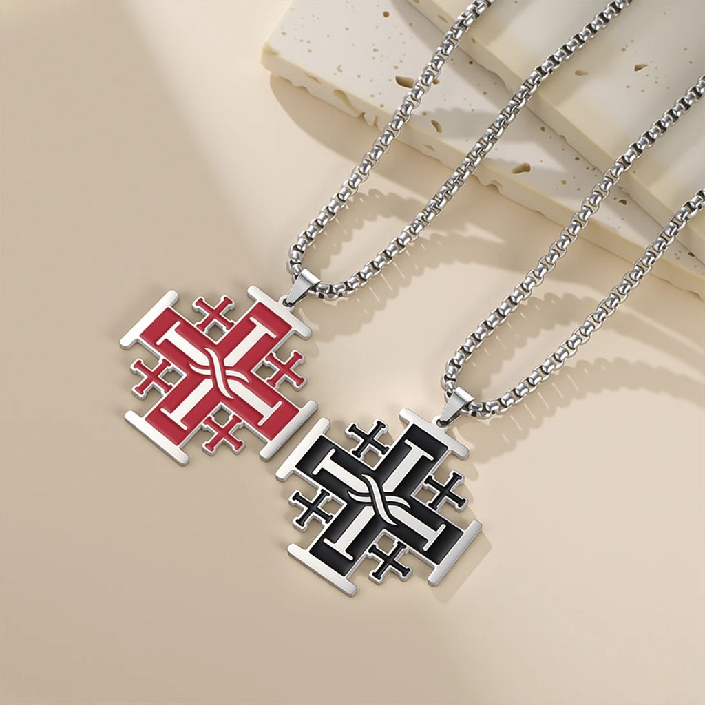 Jerusalem Crusader Cross Necklace — Five-Fold, Stainless Steel