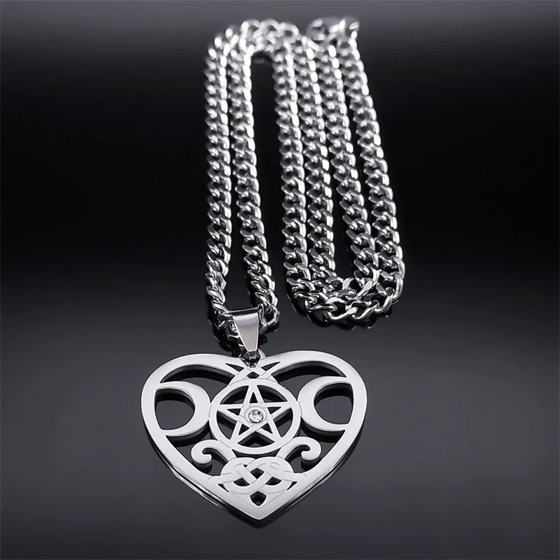 Wicca Heart Pentagram Pendant — Stainless
