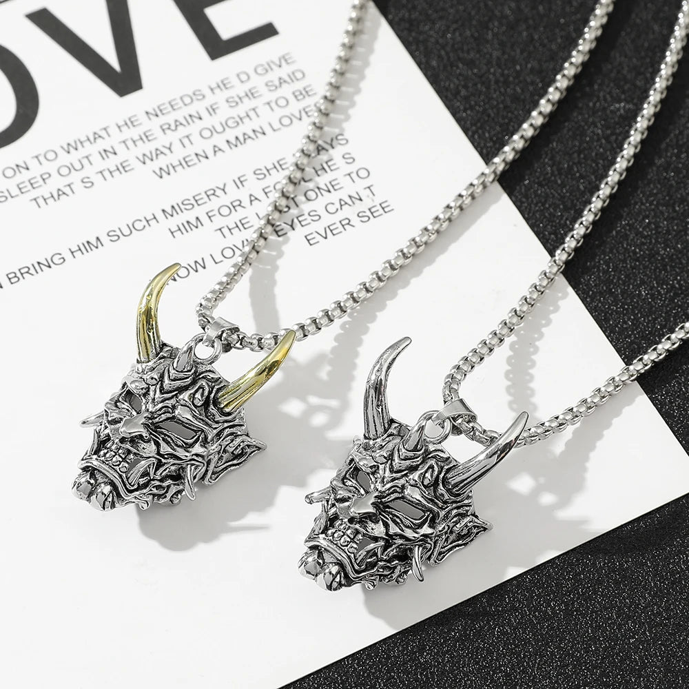 Handsome Rascal Ghost Mask Pendant Necklace Gold & Silver Color Horn Bull King Design Fashion Jewelry for Men And Women