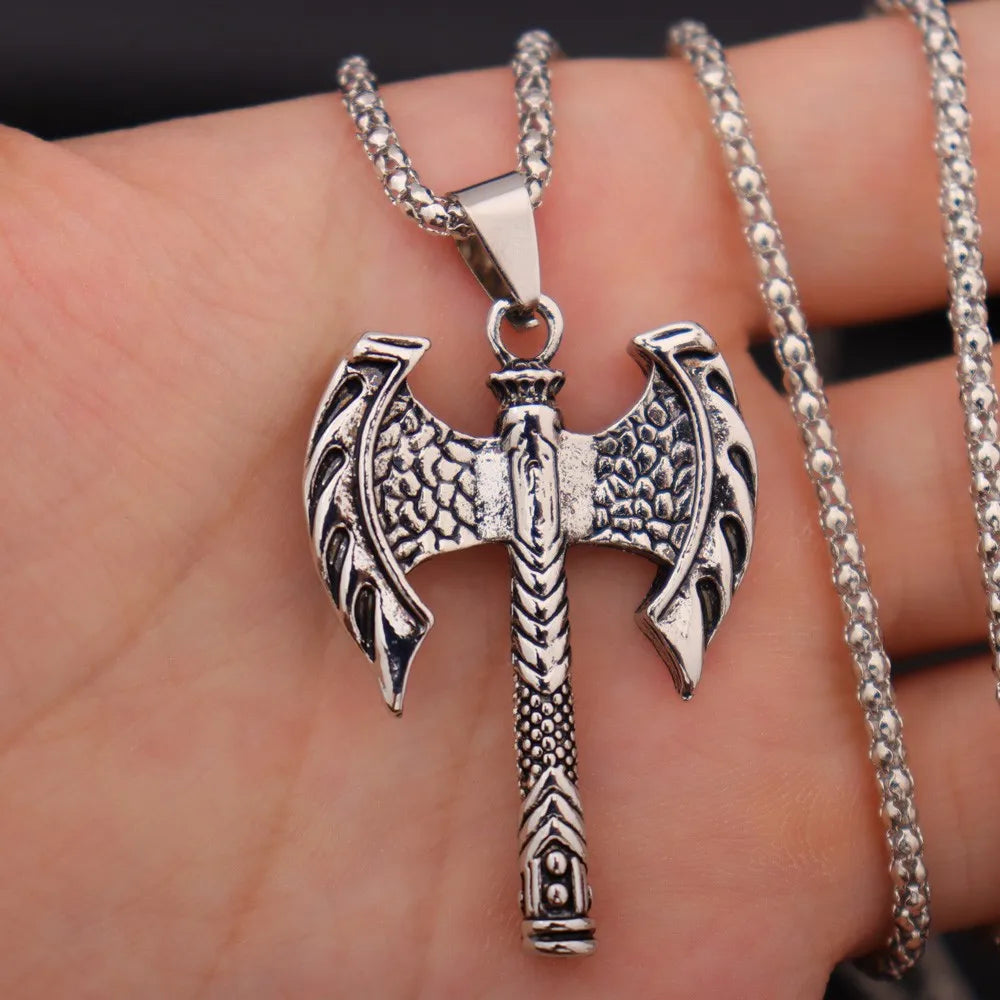 New Men's Double Axe Amulet Necklace Fashion Pendant Jewelry Personality Hip Hop Popular Accessories Small Gift
