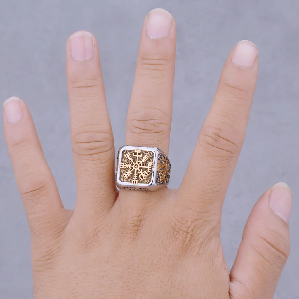 Vintage Viking Helm of Awe and Tree of Life Ring Men's Rune Statement Nordic Vikings Totem  Biker Ring Stainless Steel Jewelry
