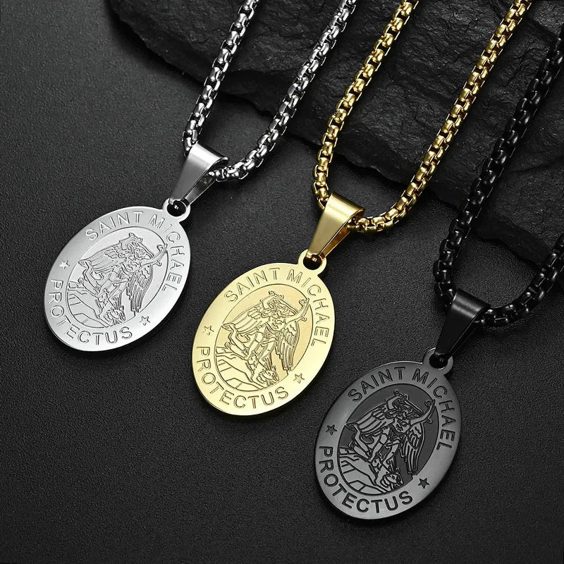 Medal San Miguel Arcanjo Archangel Necklaces Stainless Steel Chain Necklace Saint Michael Pendant Necklace Lucky