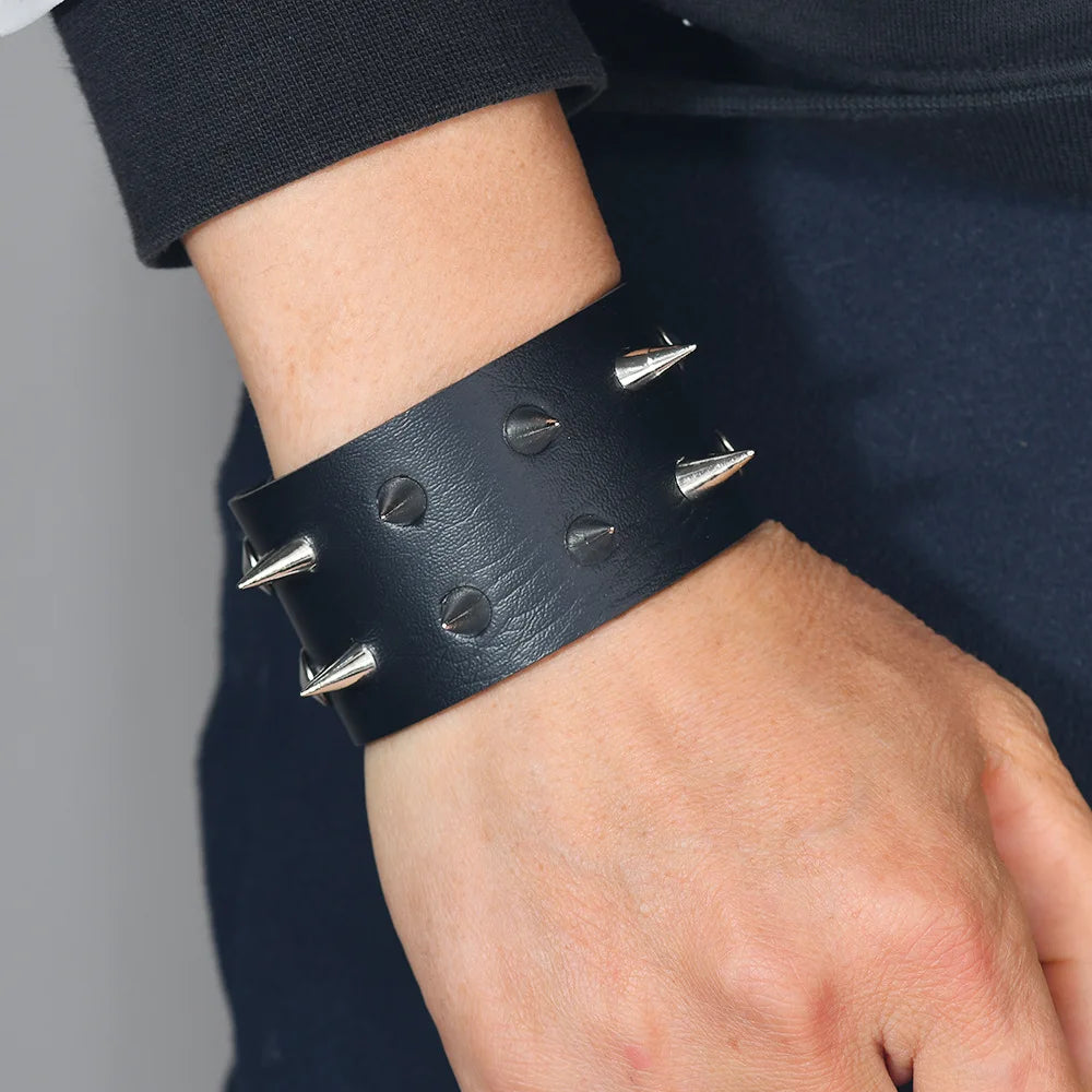 Gothic Spike Stud Leather Cuff Bracelet — Two-Tone