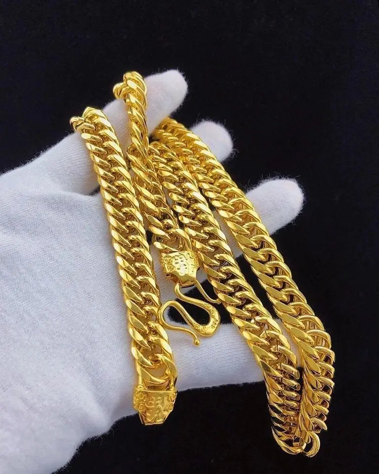 Unisex 24K AU999 Gold 10MM 60CM Twisted Polished Sideways Boss Chain Bold Men's Neckpiece with Peace Lucky Buckle