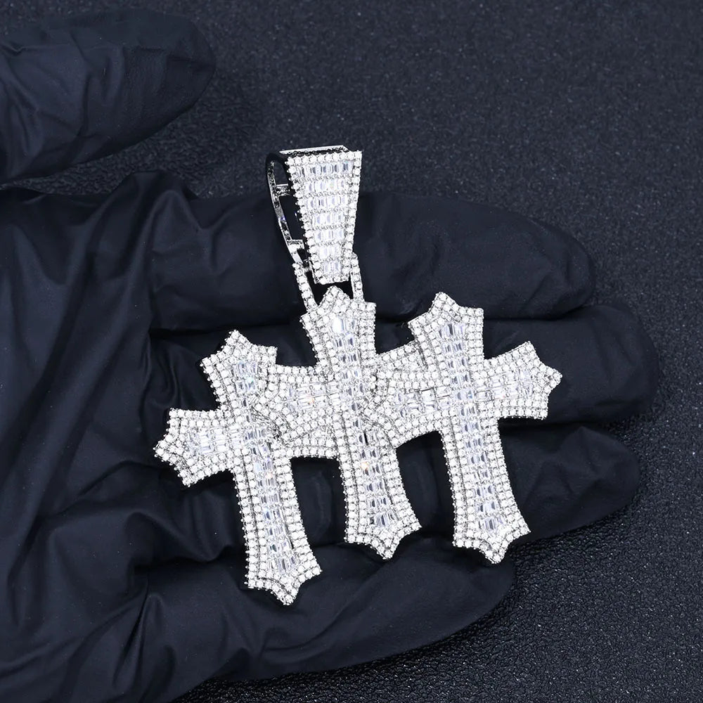 Two-Tone Cross Pendant Baguette Iced Out