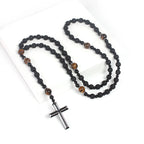 Natural Lava Stone Round Beads Yellow TIger-eye Hematite Cross Pendant Necklace for Men