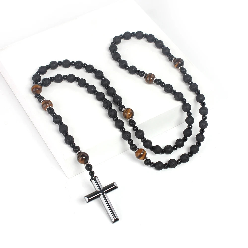 Natural Lava Stone Round Beads Yellow TIger-eye Hematite Cross Pendant Necklace for Men