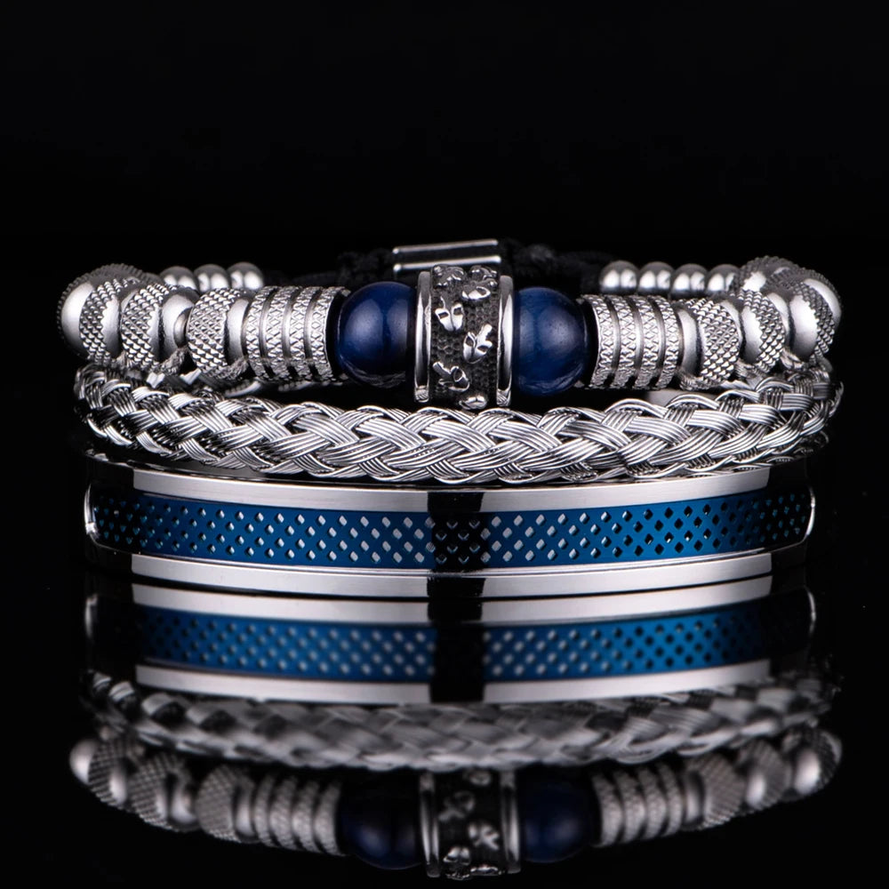 3pcs Set Men Bracelet Stainless Steel Rope Bangles Men Skull Bracelets with Tigereye Natural Stone Gift Accessories