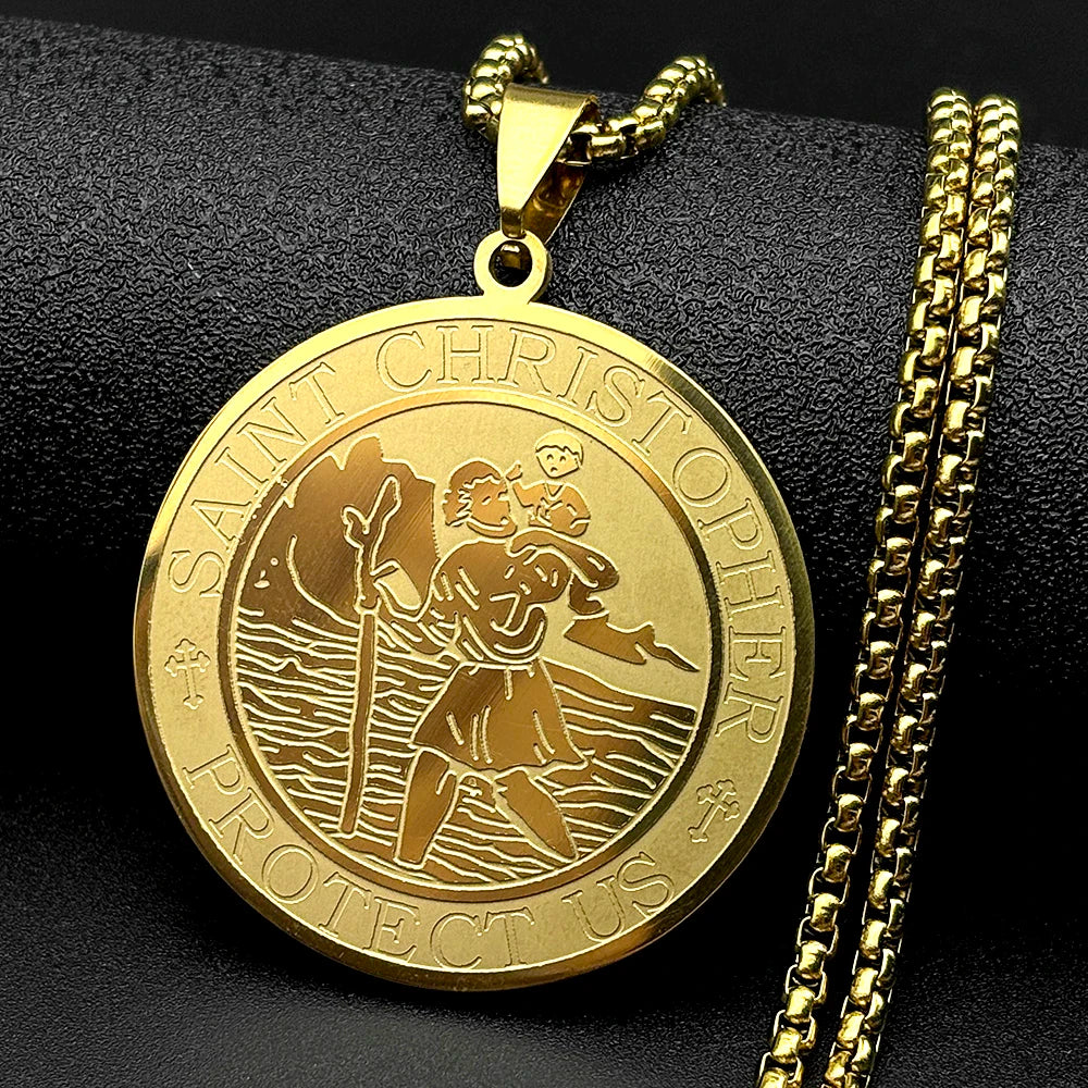 Catholic Saint Christopher Protect Us Round Pendant Necklace for Women Men Stainless Steel Gold Color Amulet Chain