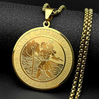 Catholic Saint Christopher Protect Us Round Pendant Necklace for Women Men Stainless Steel Gold Color Amulet Chain