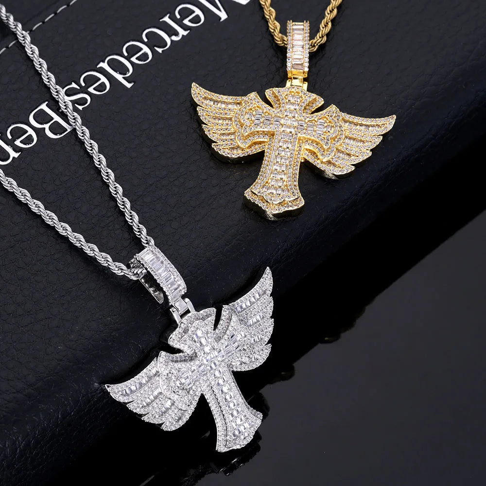 Cross Angel Wings Pendant Necklace Iced Out