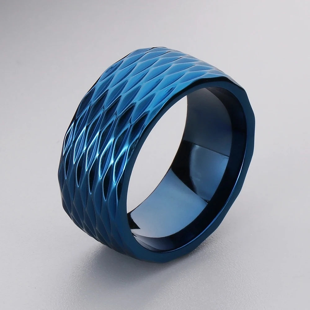 Waterproof Vacuum Plated Blue Gold Color 316l Stainless Steel Rings for Man 10mm Width Rhombus Design Mens Ring Fashion
