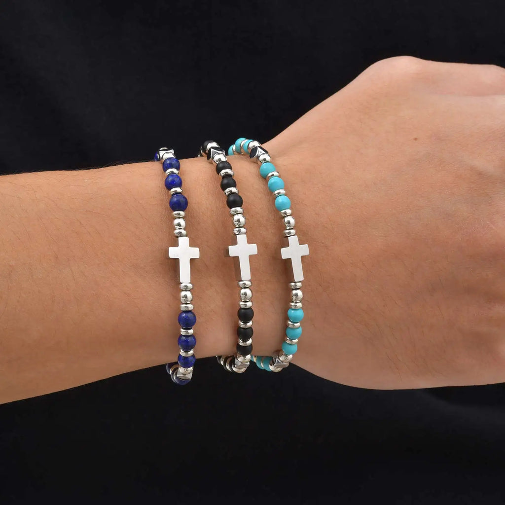 Vnox Men's Cross Natural Stone Beads Bracelets, 19-24cm Adjustable Length Lobster Clasp Trendy Chain Wristband Jewelry for Him