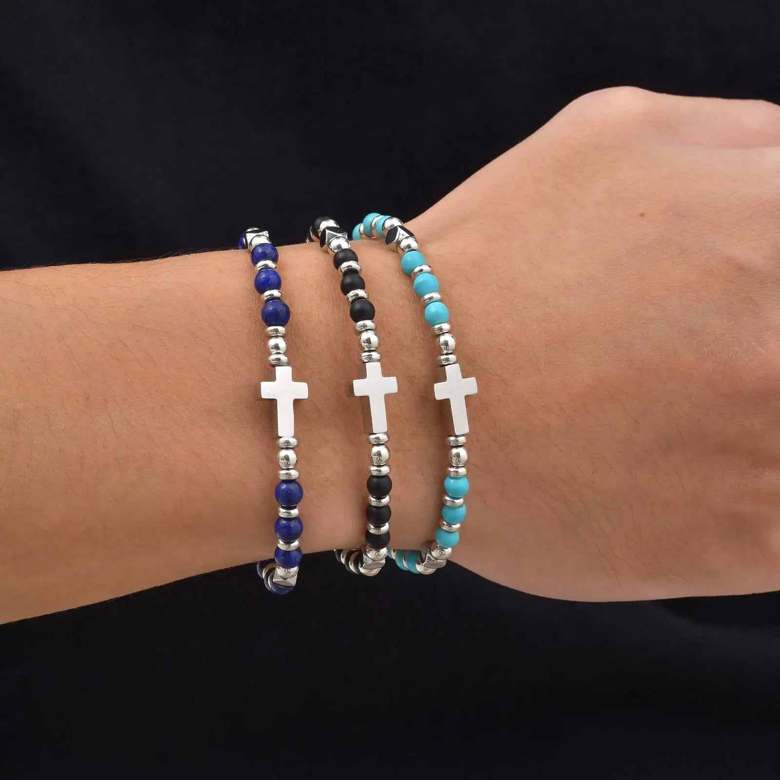 Vnox Men's Cross Natural Stone Beads Bracelets, 19-24cm Adjustable Length Lobster Clasp Trendy Chain Wristband Jewelry for Him