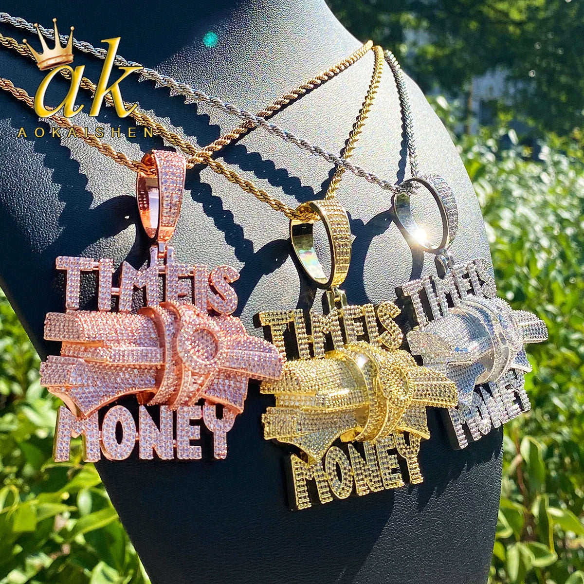 Aokaishen Iced Out Time is Money Necklace Pendant for Men Prong Setting Real Gold Plated Hip Hop Jewelry