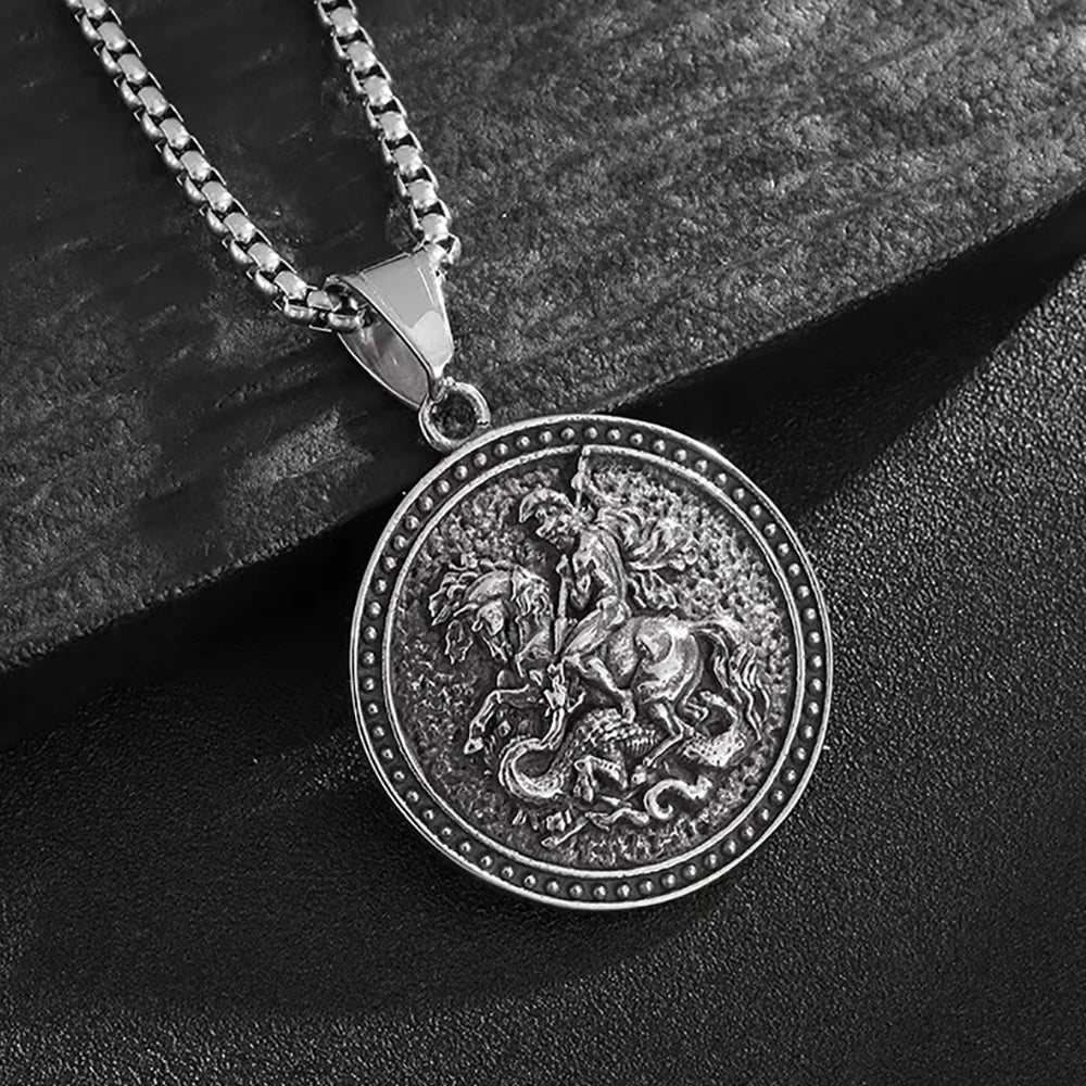 Saint George Slaying Dragon Pendant Necklace — Stainless Steel