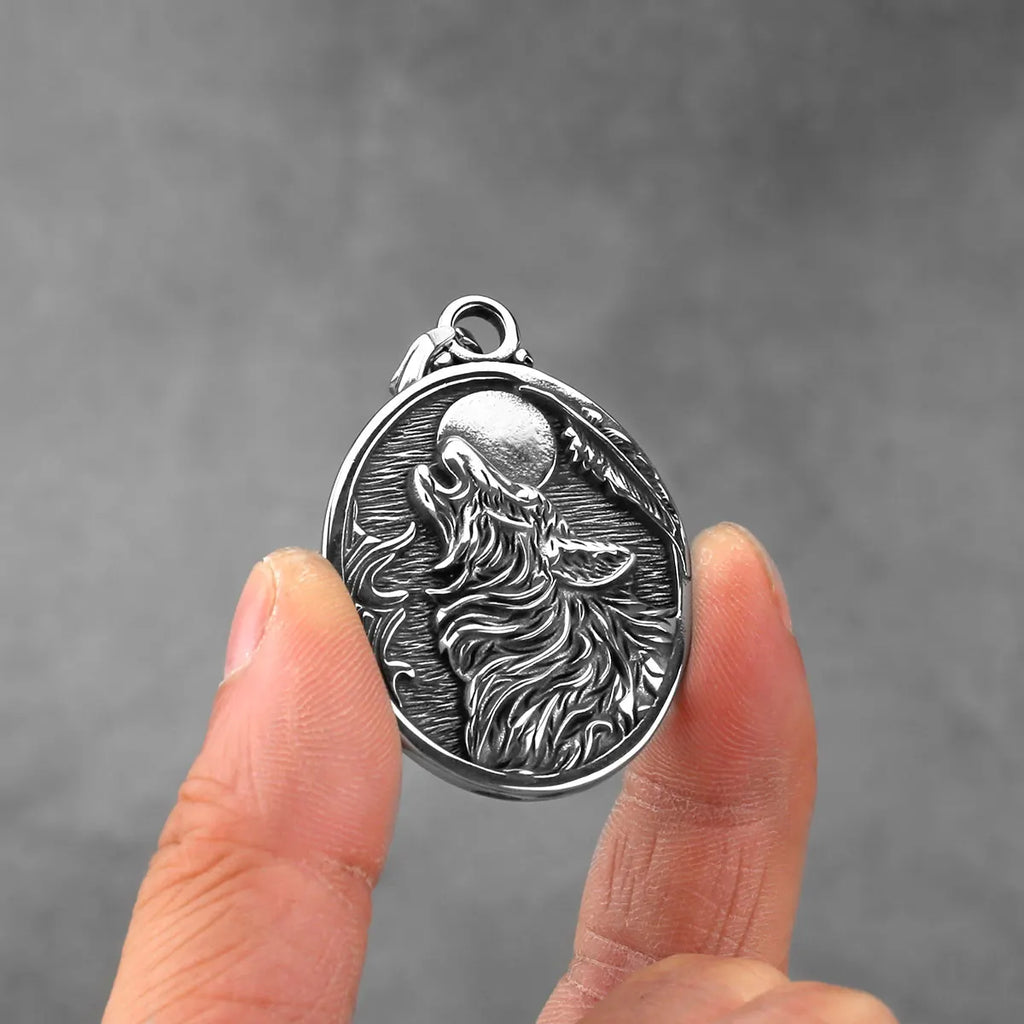 Vintage Stainless Steel Viking Wolf Howling to the Moon Pendant Necklace Nordic Boyfriend Gift Jewelry Wholesale