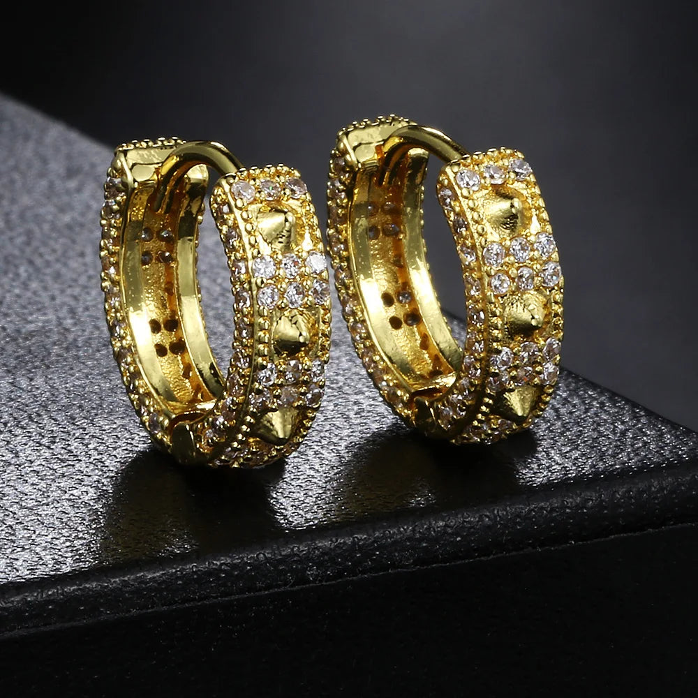 Gold Iced Out Skull Hoop Earrings Rivet