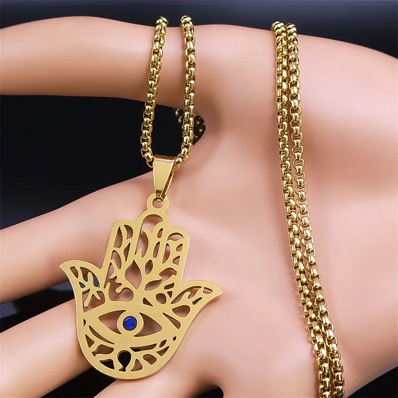 Hollow Fatima Hamsa Hand Pendants Necklace Stainless Steel Gold Color Luck Hand Palm Blue Turkey Eye Necklacse Jewelry Collares