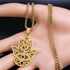 Hollow Fatima Hamsa Hand Pendants Necklace Stainless Steel Gold Color Luck Hand Palm Blue Turkey Eye Necklacse Jewelry Collares