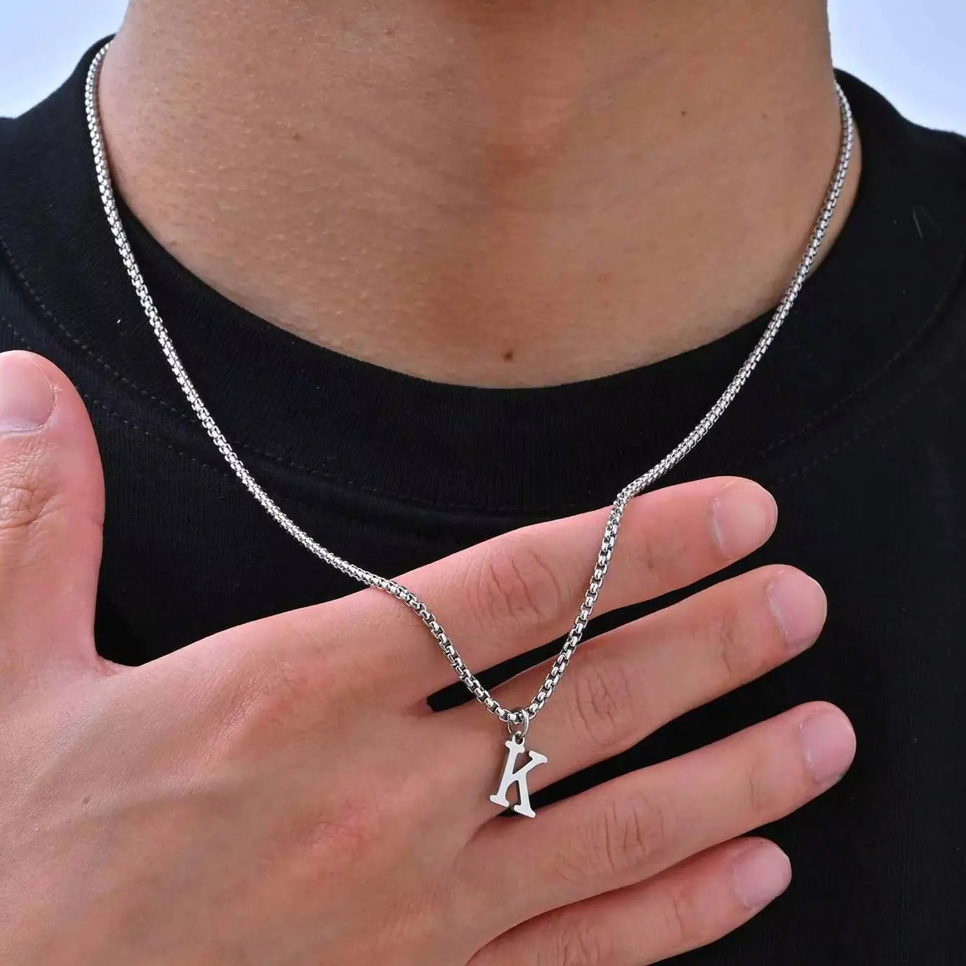 Initial Letter Box Chain Necklace — Stainless Steel