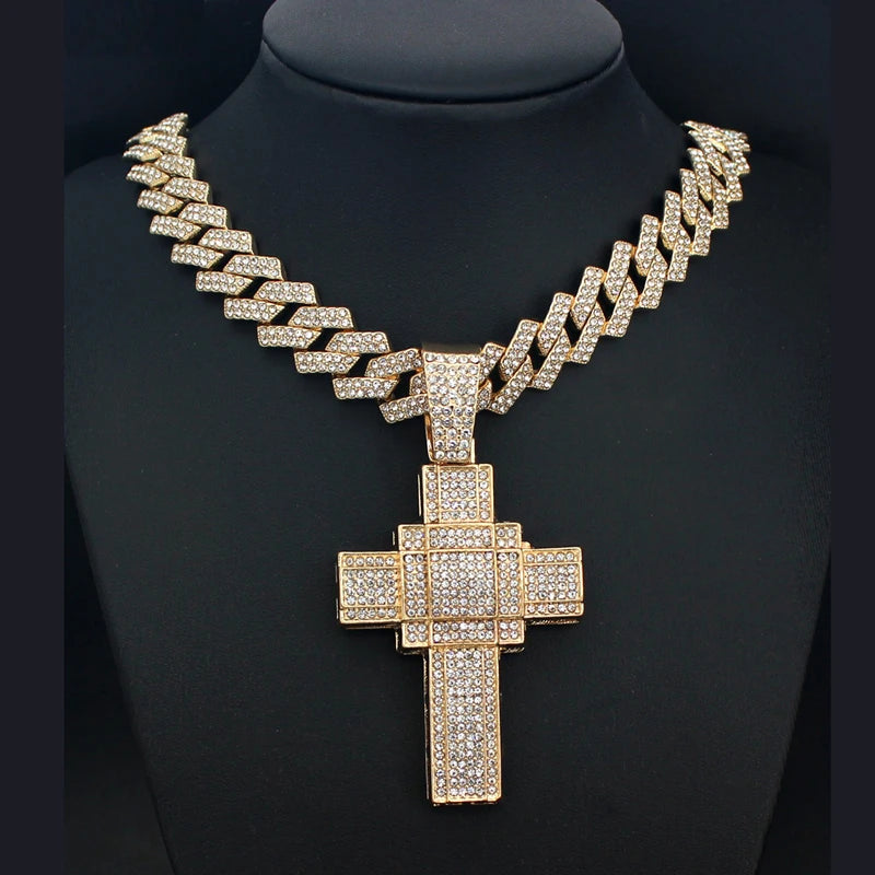 Men Women Hip Hop Big Dollar Sign Cross Pendant With 15mm Rhombus Cuban Chain Iced Out Bling Necklaces Fashion Charm Jewelry