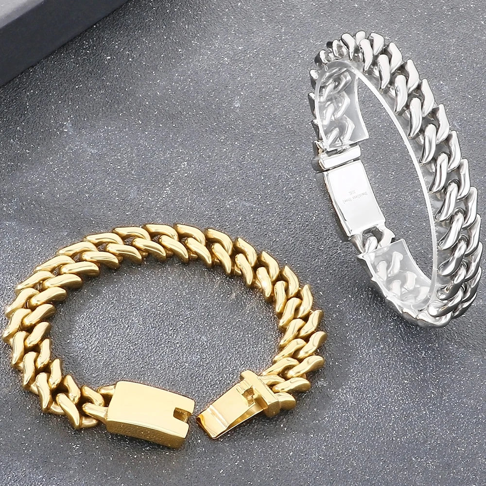 Polished 15mm Cuban Link Bracelet for Man Luxury Waterproof Gold Color Stainless Steel Men's Chain Bracelets Fashion
