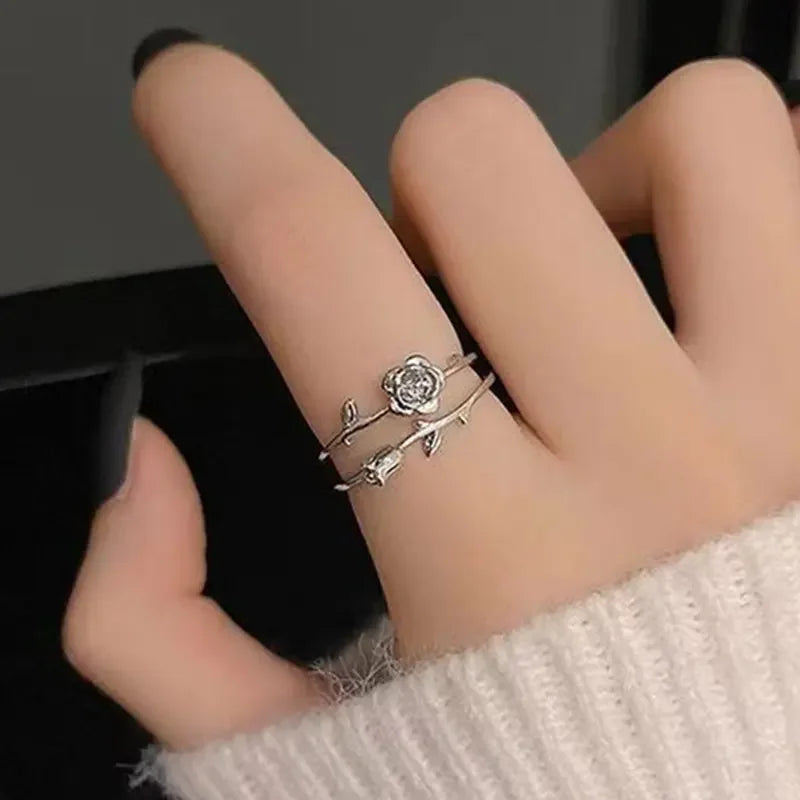 Fashion Goth Double Layer Rose Couple Rings for Men Women Retro Opening Stainless Steel Thorns Punk Finger Ring Jewelry