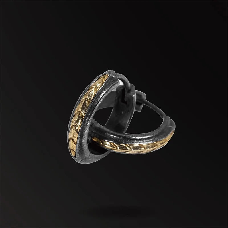 Black Gold Scale Pattern Huggie Hoop Earrings — Two-Tone