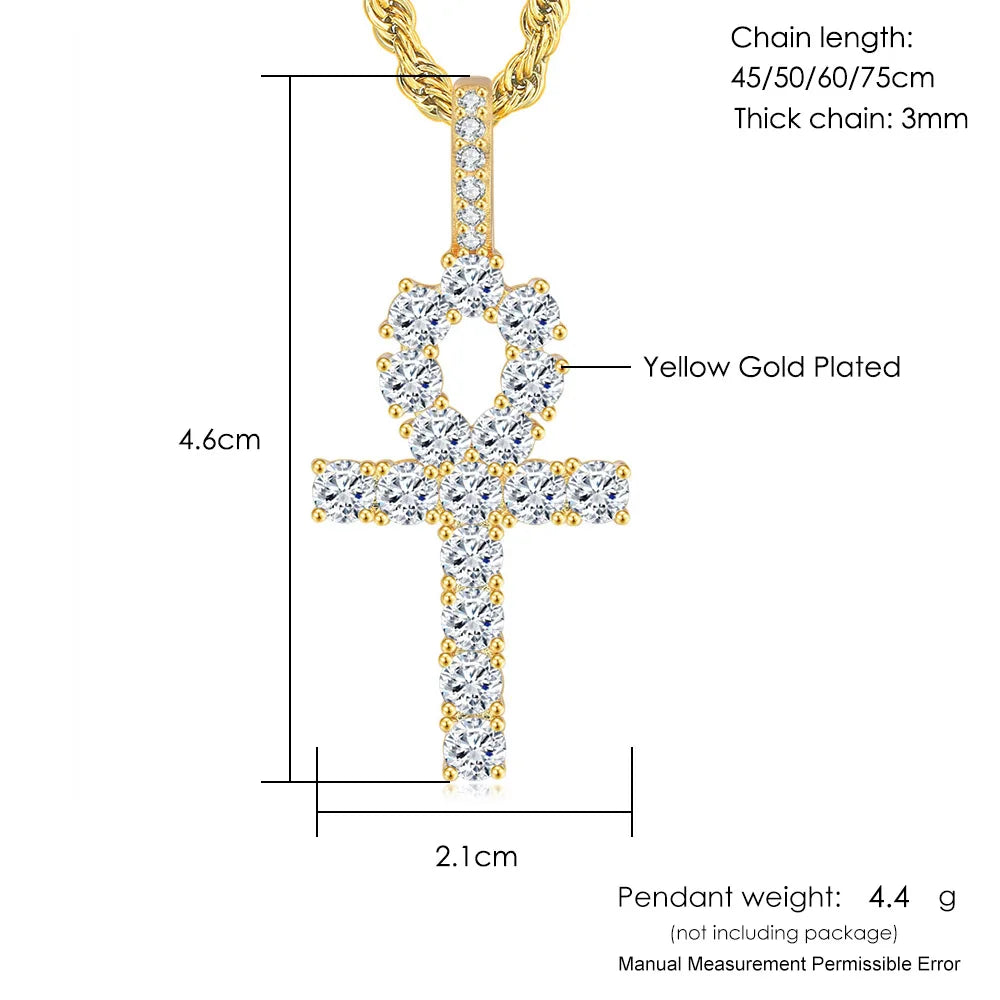 Gold Iced Out Cross Ankh Pendant Necklace