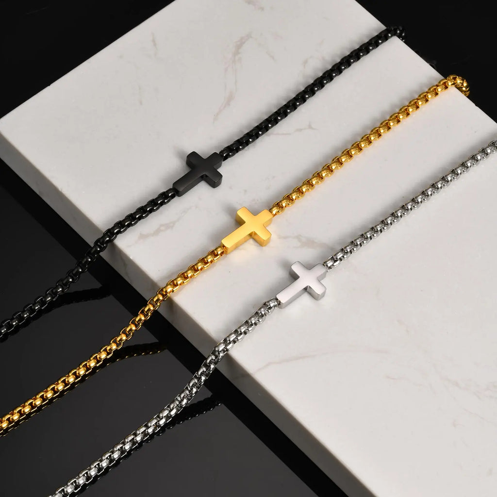 Cross Box Chain Pendant Necklace — Stainless Steel