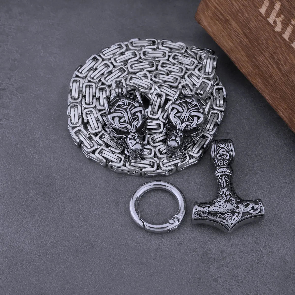 Viking Stainless Steel Wolf Head Thor's Hammer Necklace Men Punk Hip Hop Thick Chain Necklace Nordic Amulet Rune for