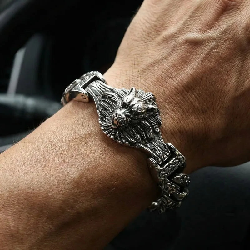 Massive Vintage Skull Wolf Head Cuff Man Bracelet for Men Gothic Punk Stainless Steel Bangle Heavy Metal Jewelry