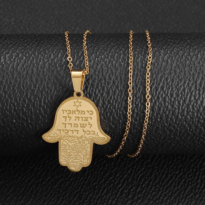 Hamsa Hands of Fatima Hebrew Pendant Stainless Steel Jerusalem Star of David Necklace Women's Jewish Jewelry