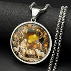 Nativity of Jesus Holy Family Glass Round Medal Pendant Necklace for Women Men Stainless Steel Christian Amulet Chain