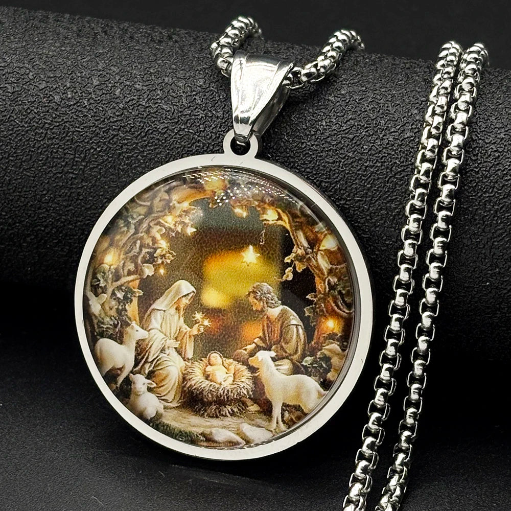Nativity of Jesus Holy Family Glass Round Medal Pendant Necklace for Women Men Stainless Steel Christian Amulet Chain