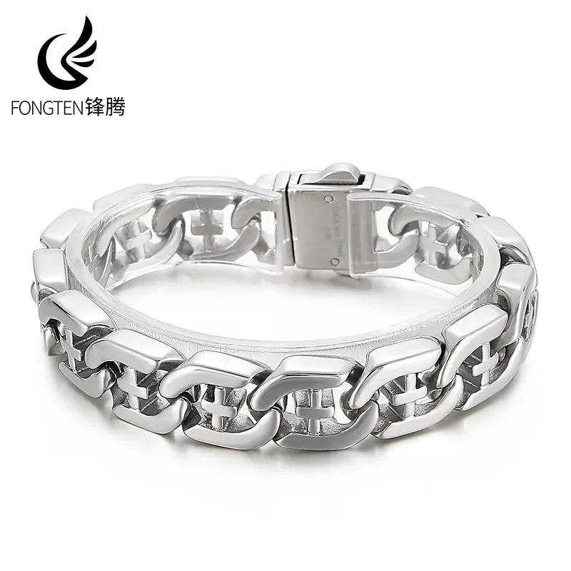 Fongten 21cm Cross Bracelets For Men Stainless Steel Cuban Link Chain Wristband Bangle Bracelets Silver Color Male