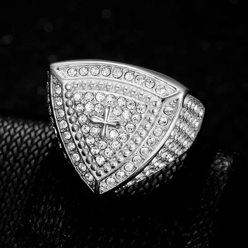 All Bling 5A Zircon Triangular Stainless Steel Rings for Men Cool Trendy Filled Titanium HIPHOP Finger Bands