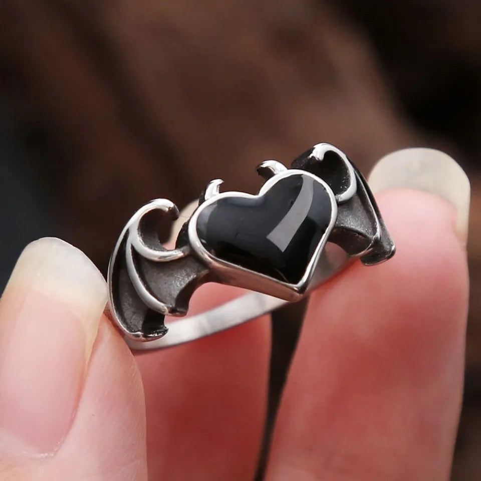 Heart Demon Black Ring Vintage Angel Wings Gothic