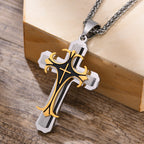 Rock Cross Necklace for Men,Gold Color Stainless Steel Stylish Byzantine Chain,Catholic Crucifix Pendant Collar Jewelry