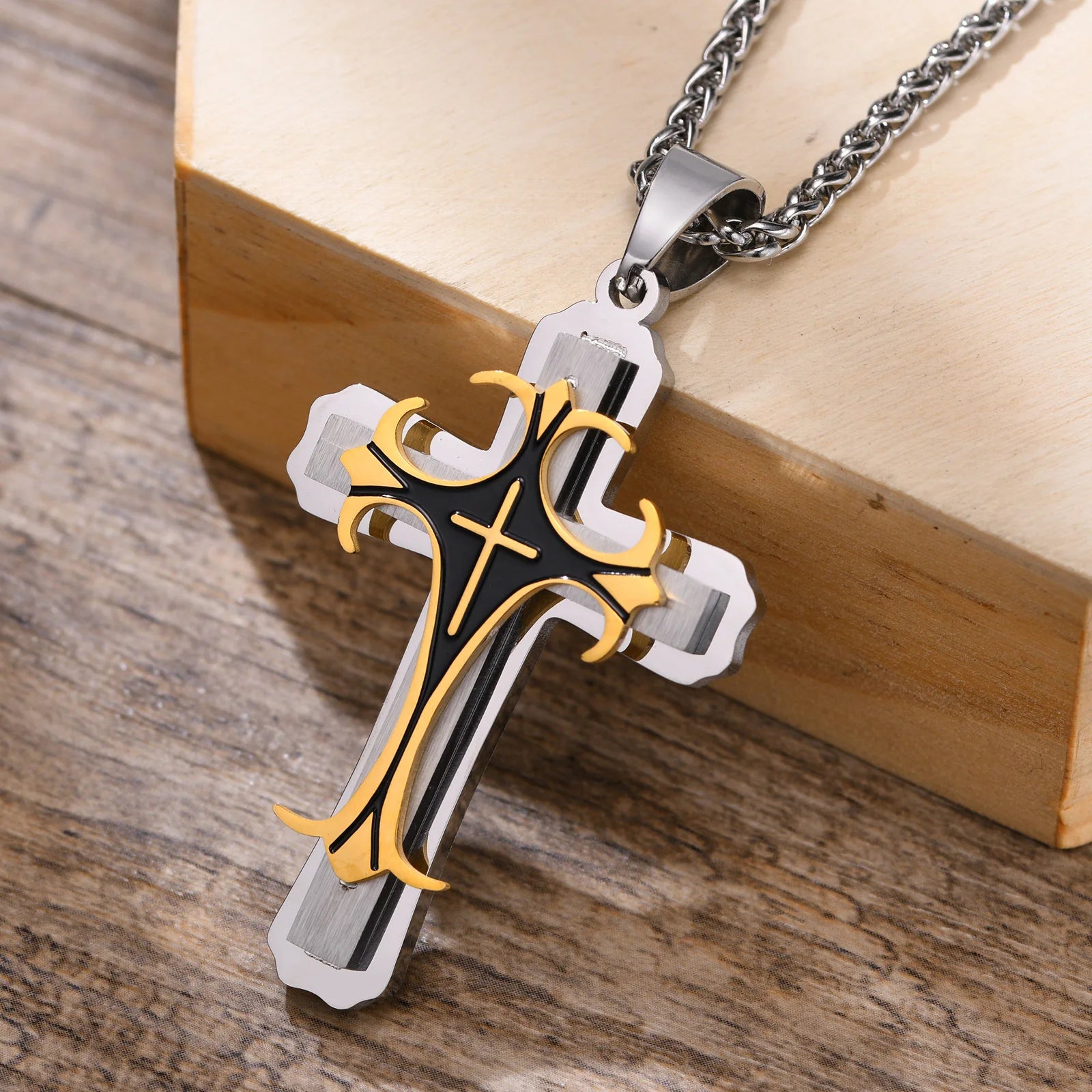 Rock Cross Necklace for Men,Gold Color Stainless Steel Stylish Byzantine Chain,Catholic Crucifix Pendant Collar Jewelry