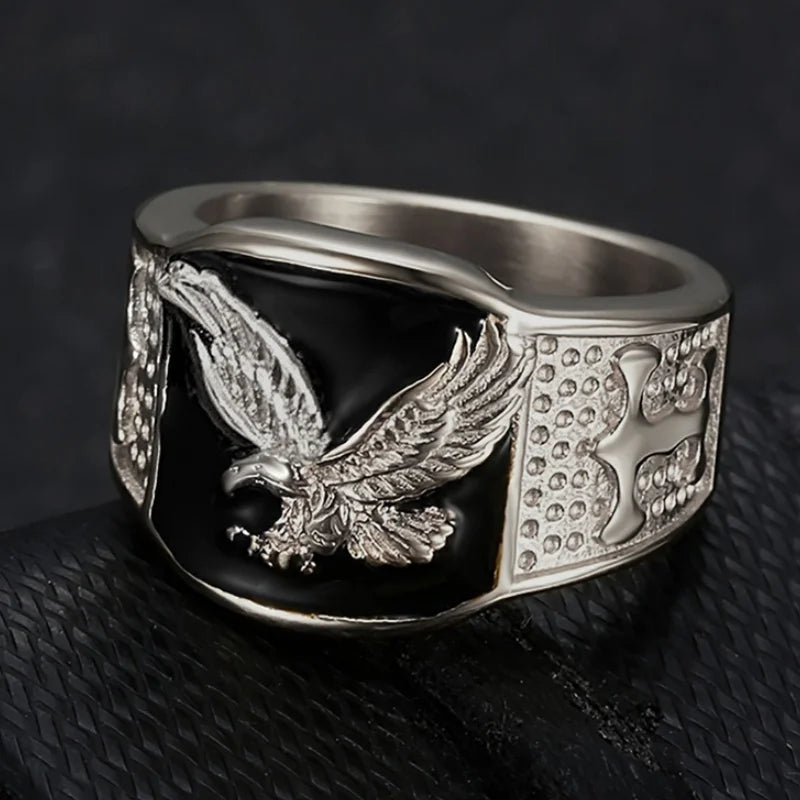 Soaring Eagle Enamel Ring — Wide Band, Gold & Silver Color