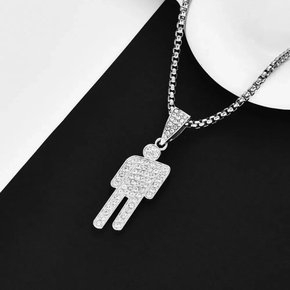 Personality Tilt Head Little Person Stainless Steel Zircon Pendant Necklace for Men Women Hip-hop Punk Collar Accessory